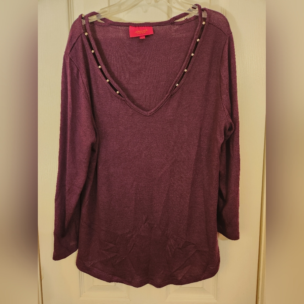 Jennifer Lopez Maroon V-Neck Sweater with Gold Stud Details
